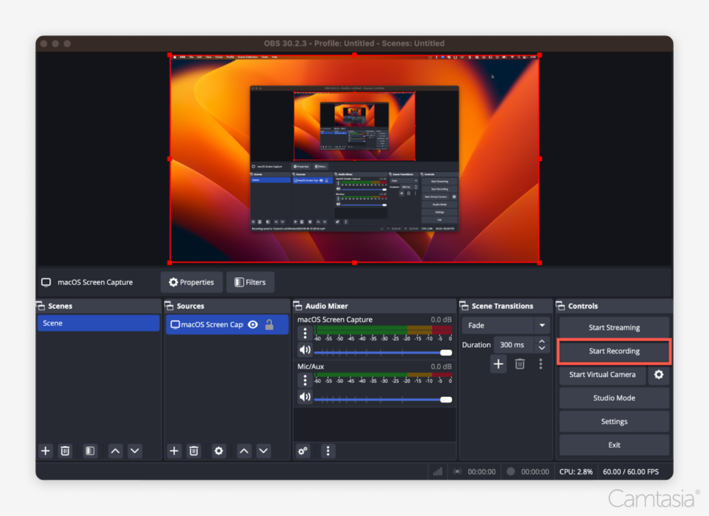 OBS Studio interface with sources, scenes, and audio mixer