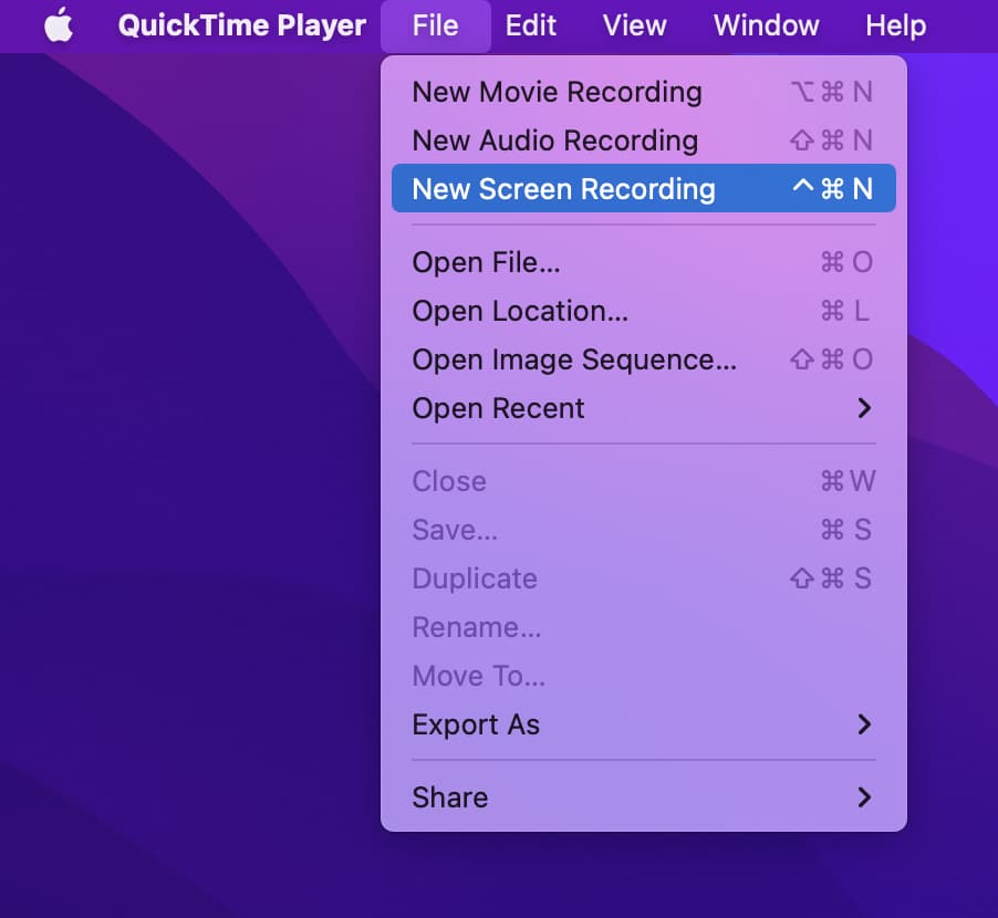 QuickTime Player File menu with New Screen Recording option