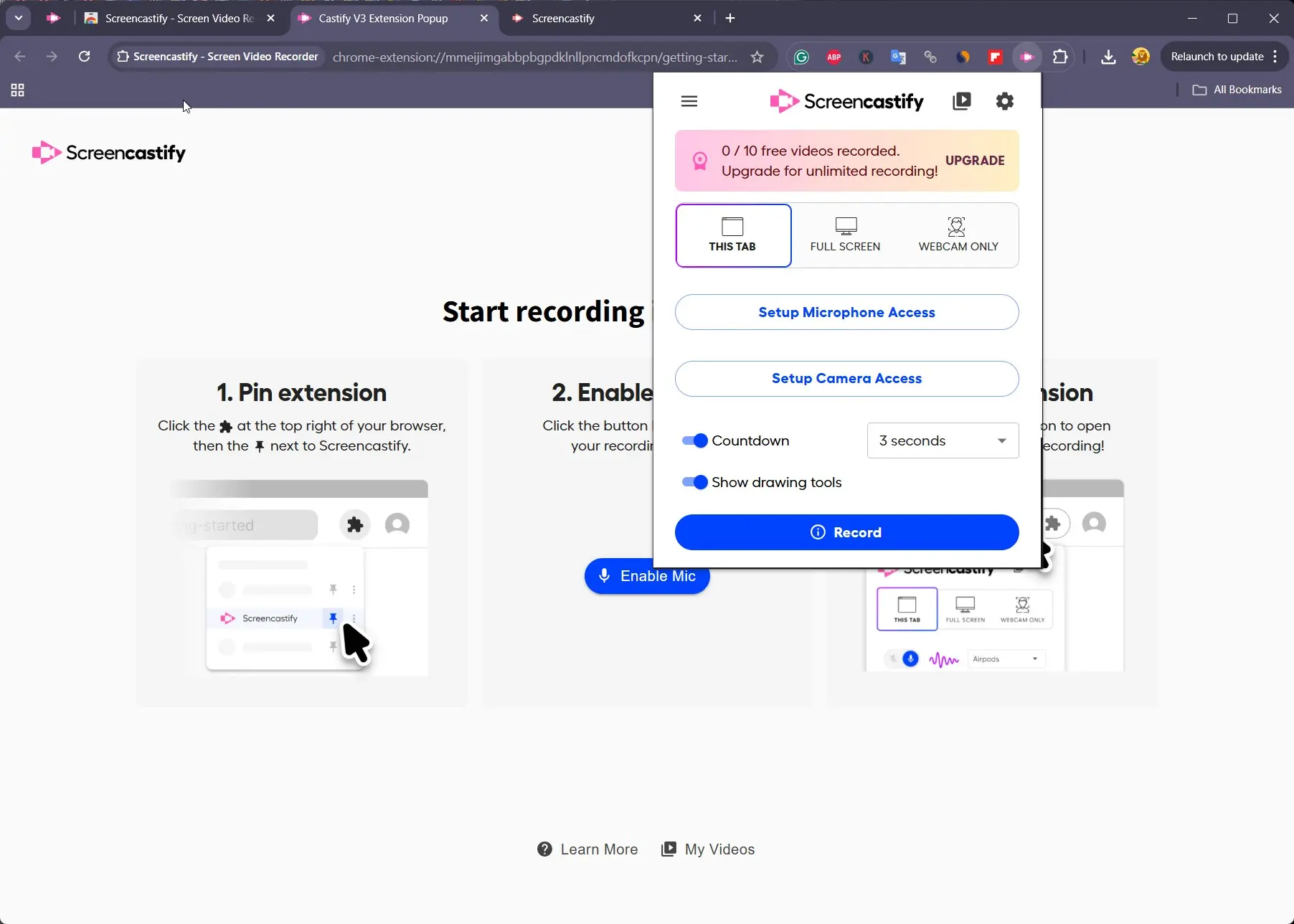 Screencastify Chrome extension popup with recording options