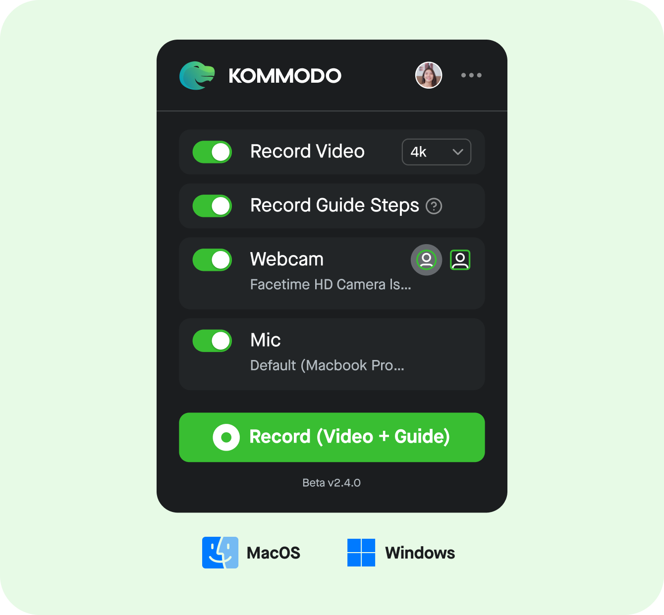 Kommodo screen recorder interface